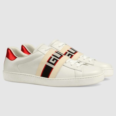 Gucci Men Elastic Stripe Sneakers in White Leather