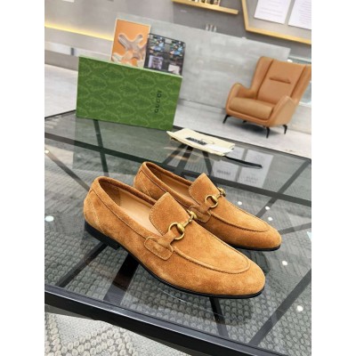 Gucci Men Jordaan Loafers in Brown Suede Leather