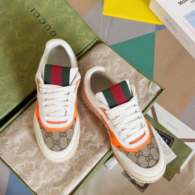 Gucci Men Re-Web Sneakers in GG Canvas with Orange Leather