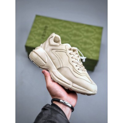 Gucci Men Rhyton Sneakers in Ivory Distressed Leather