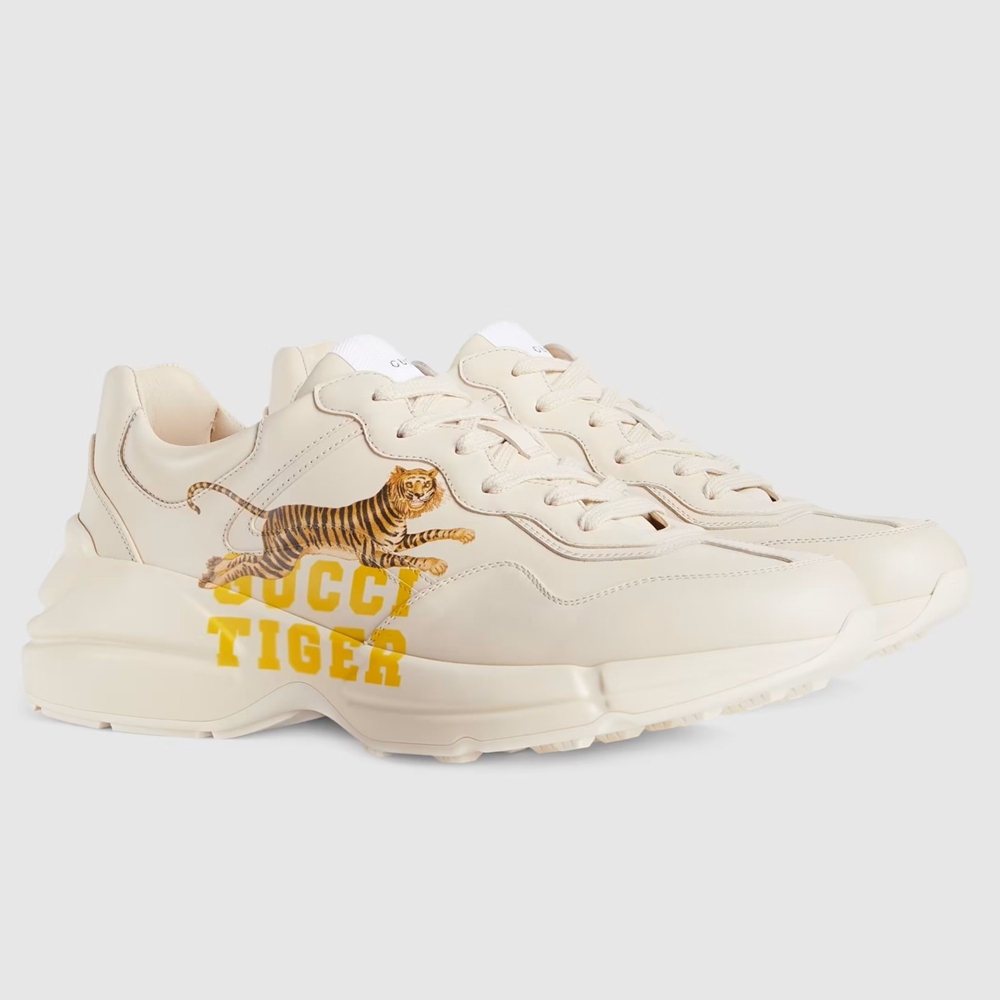 Gucci Men Rhyton Sneakers in White Leather with Tiger Print