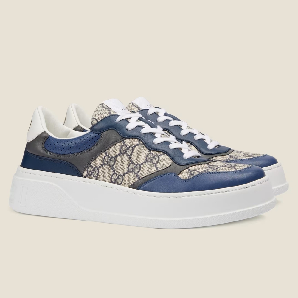 Gucci Men Sneakers in Beige GG Canvas with Blue Leather