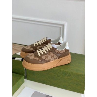 Gucci Men Sneakers in Beige GG Canvas with Brown Leather