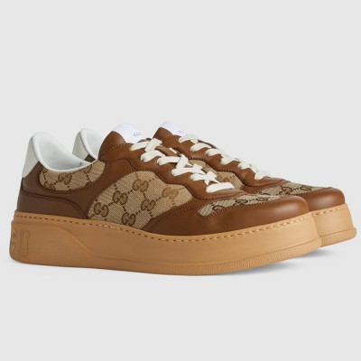 Gucci Men Sneakers in Beige GG Canvas with Brown Leather