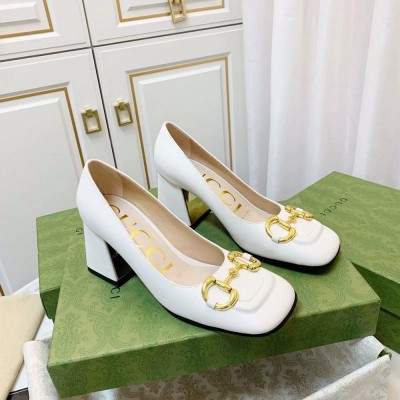 Gucci Mid-heel Pumps 75mm in White Leather with Horsebit