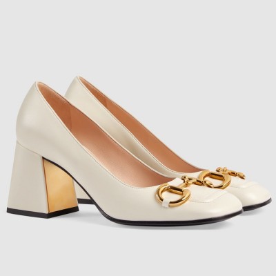 Gucci Mid-heel Pumps 75mm in White Leather with Horsebit