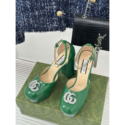 Gucci Platform Pumps in Green Patent Lether with Crystals G