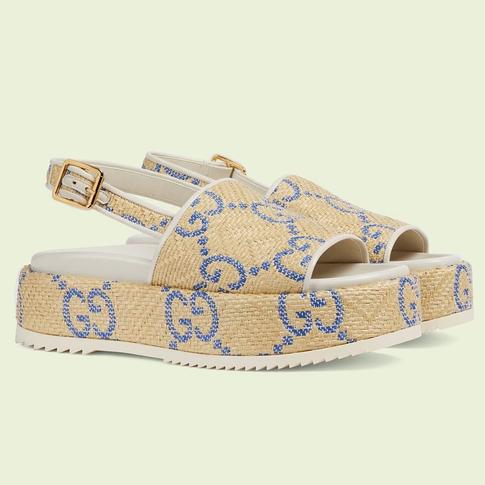 Gucci Platform Sandals in GG Raffia Effect Fabric