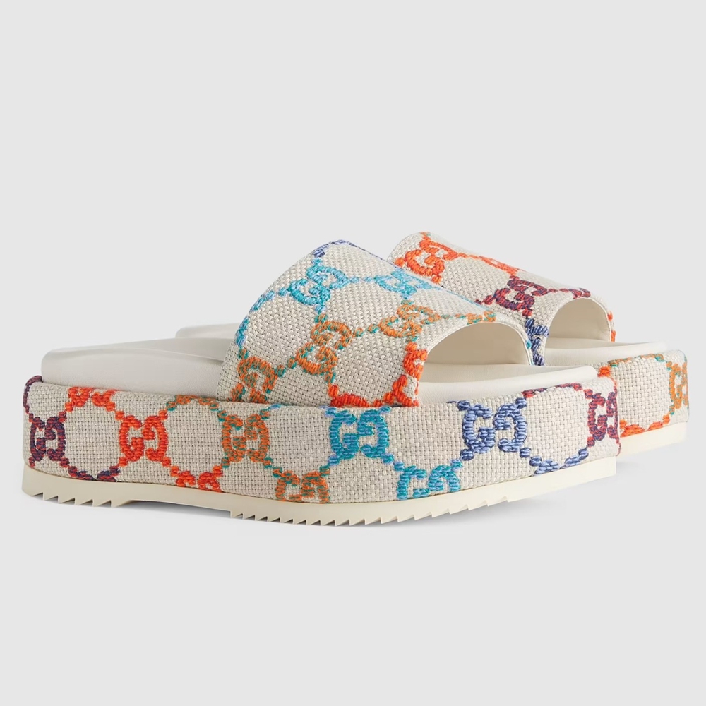 Gucci Platform Slide Sandals in Multicolor GG Fabric