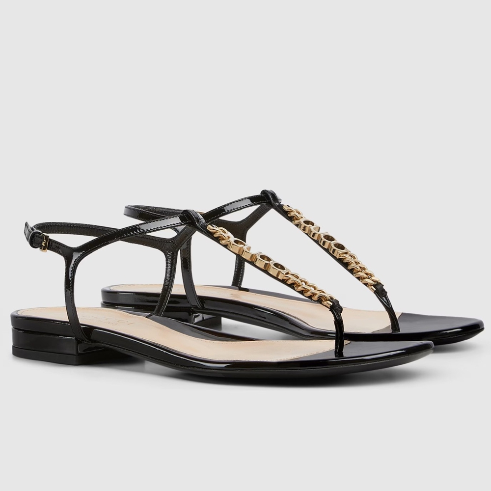 Gucci Signoria Thong Sandals in Black Patent Calfskin