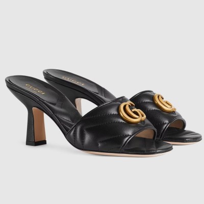 Gucci Slide Sandals 75mm in Black Matelasse Leather