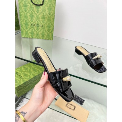 Gucci Slide Sandals in Black Leather with Snake Hardware