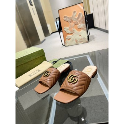 Gucci Slide Sandals in Brown Matelasse Leather with Double G