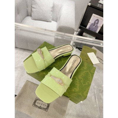 Gucci Slide Sandals in Light Green Leather with Snake Hardware