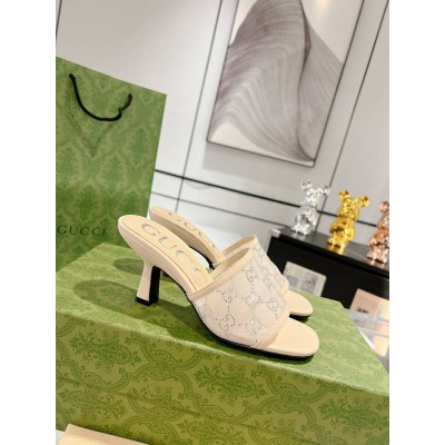 Gucci Slide Sandas 75mm in Beige Mesh with Crystal