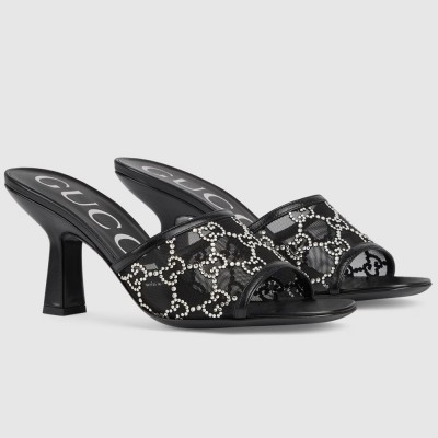 Gucci Slide Sandas 75mm in Black Mesh with Crystal