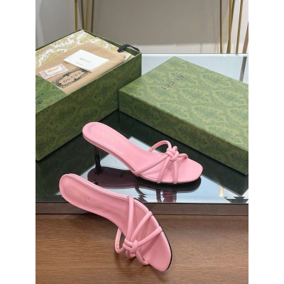 Gucci Slide Sandas in Pink Leather with Bamboo Heel