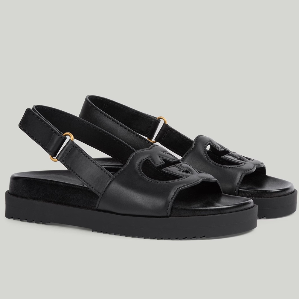 Gucci Slingback Interlocking G Sandals in Black Leather