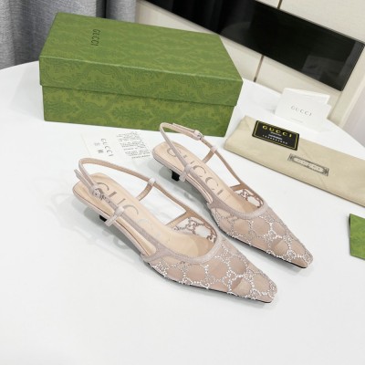 Gucci Slingback Pumps 35MM In Beige Mesh with GG Crystals