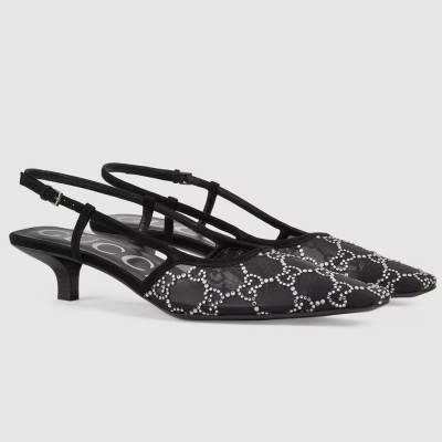 Gucci Slingback Pumps 35MM In Black Mesh with GG Crystals