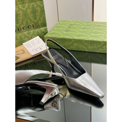 Gucci Slingback Pumps 55mm in Silver Metallic Leather