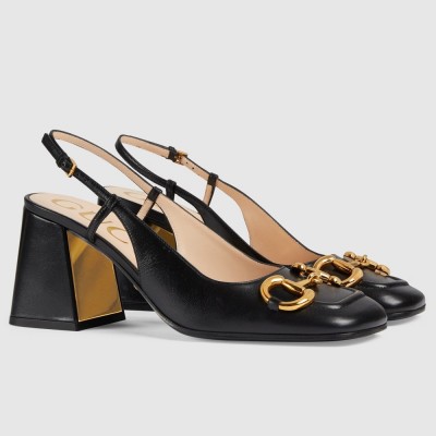 Gucci Slingback Pumps 75mm in Black Leather with Horsebit