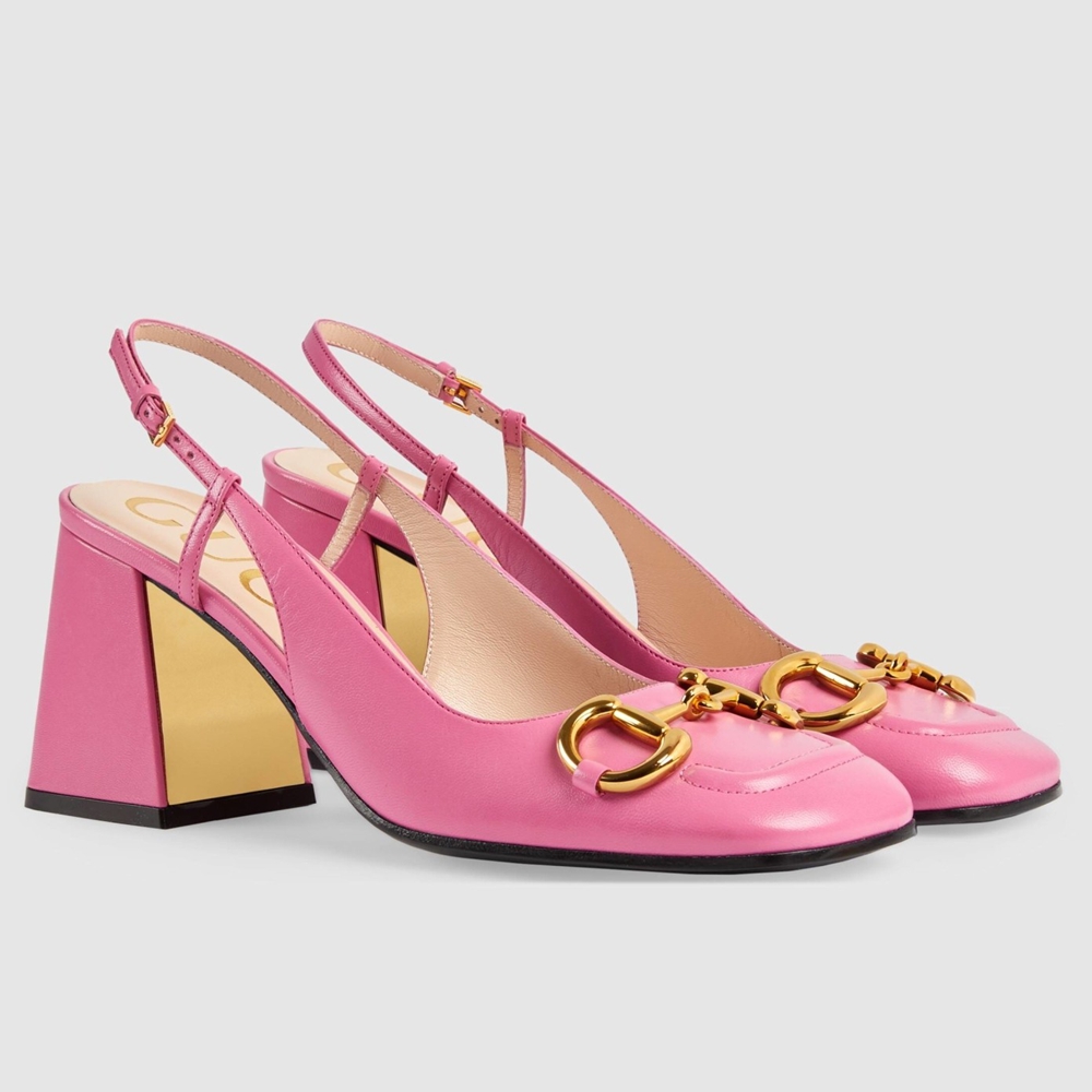 Gucci Slingback Pumps 75mm in Pink Leather with Horsebit