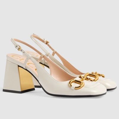 Gucci Slingback Pumps 75mm in White Leather with Horsebit