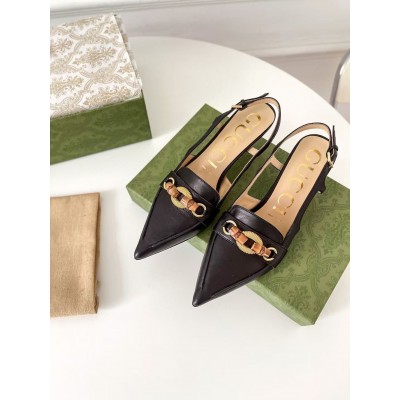 Gucci Slingback Pumps in Black Leather with Bamboo Horsebit