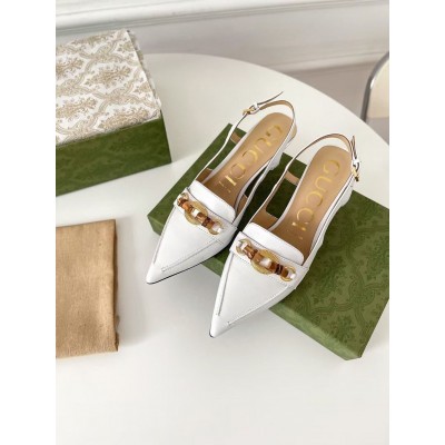 Gucci Slingback Pumps in White Leather with Bamboo Horsebit