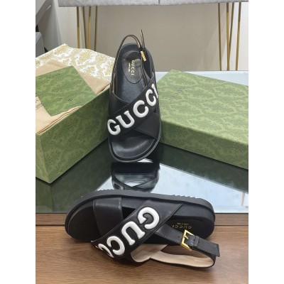 Gucci Slingback Sandals in Black Leather with White Logo