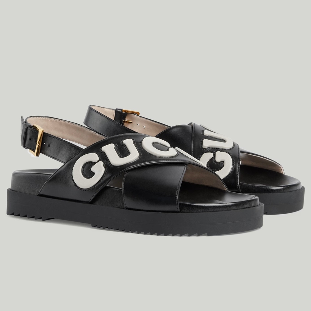 Gucci Slingback Sandals in Black Leather with White Logo