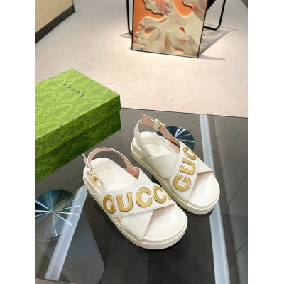 Gucci Slingback Sandals in White Leather with Gold Logo