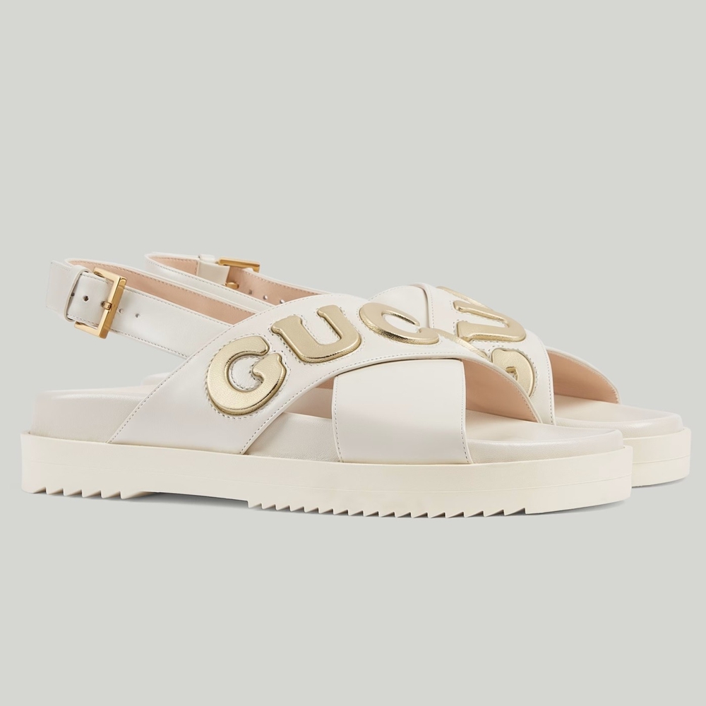 Gucci Slingback Sandals in White Leather with Gold Logo