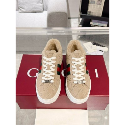 Gucci Women Ace Sneakers in Beige GG Suede with Shearling