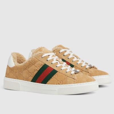 Gucci Women Ace Sneakers in Beige GG Suede with Shearling