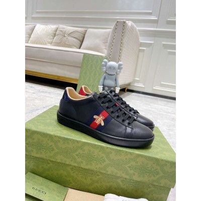 Gucci Women Ace Sneakers in Black Leather with Bee