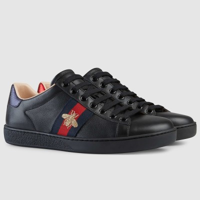 Gucci Women Ace Sneakers in Black Leather with Bee