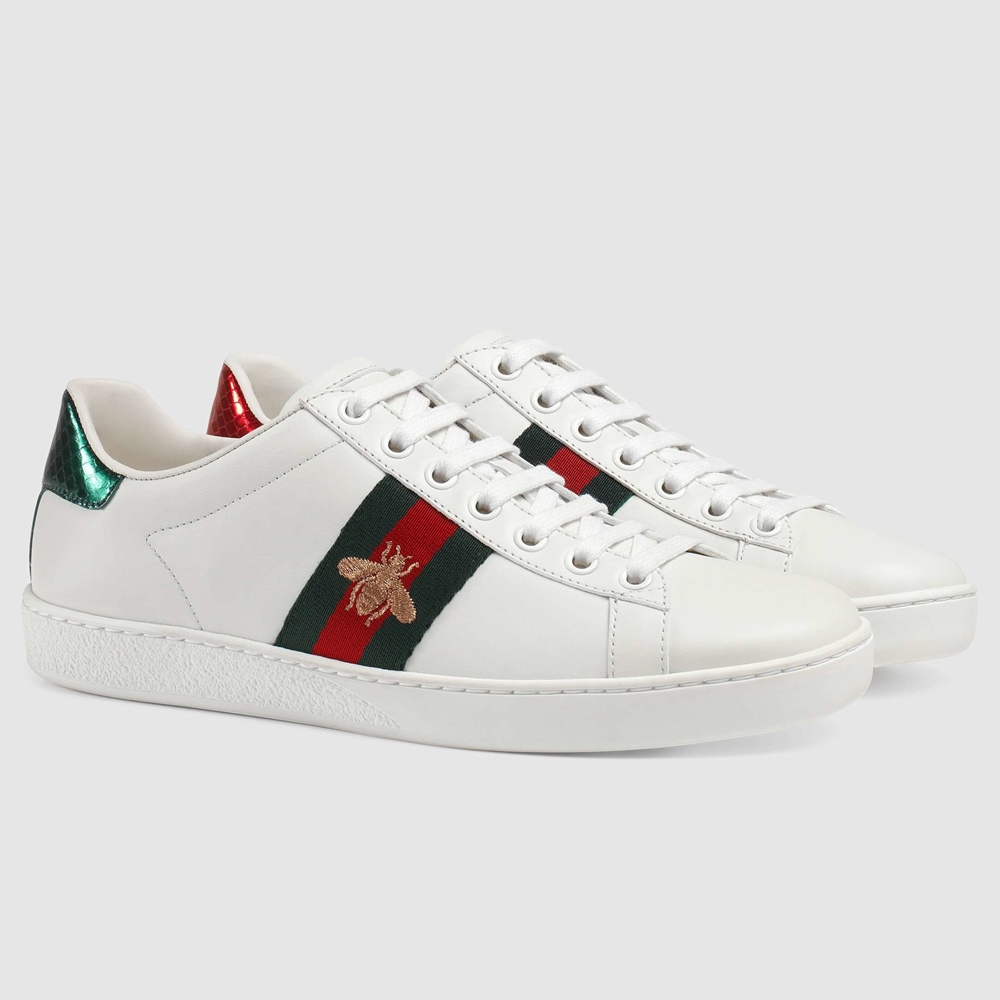 Gucci Women Ace Sneakers in White Leather with Bee