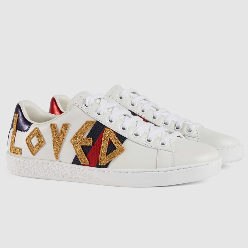 Gucci Women Ace White Sneakers with Loved Embroidered