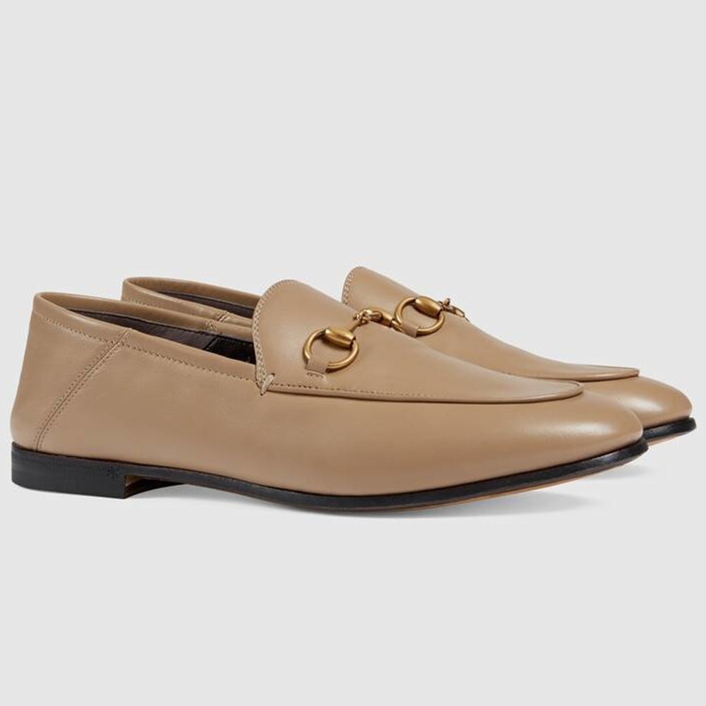 Gucci Women Foldable Slim Horsebit Loafers in Beige Leather