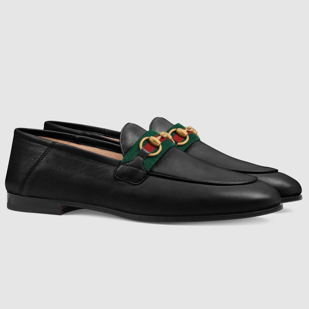 Gucci Women Foldable Slim Horsebit Loafers in Black Leather with Web