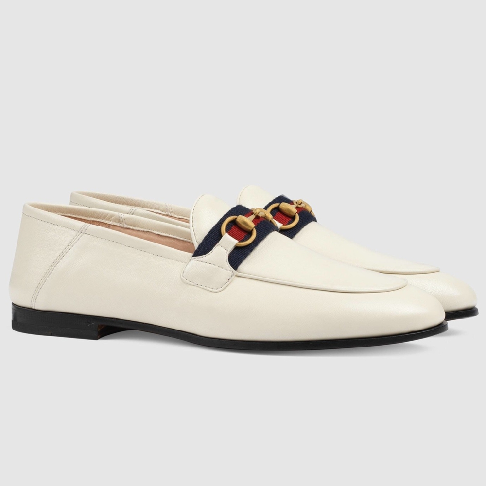 Gucci Women Foldable Slim Horsebit Loafers in White Leather with Web