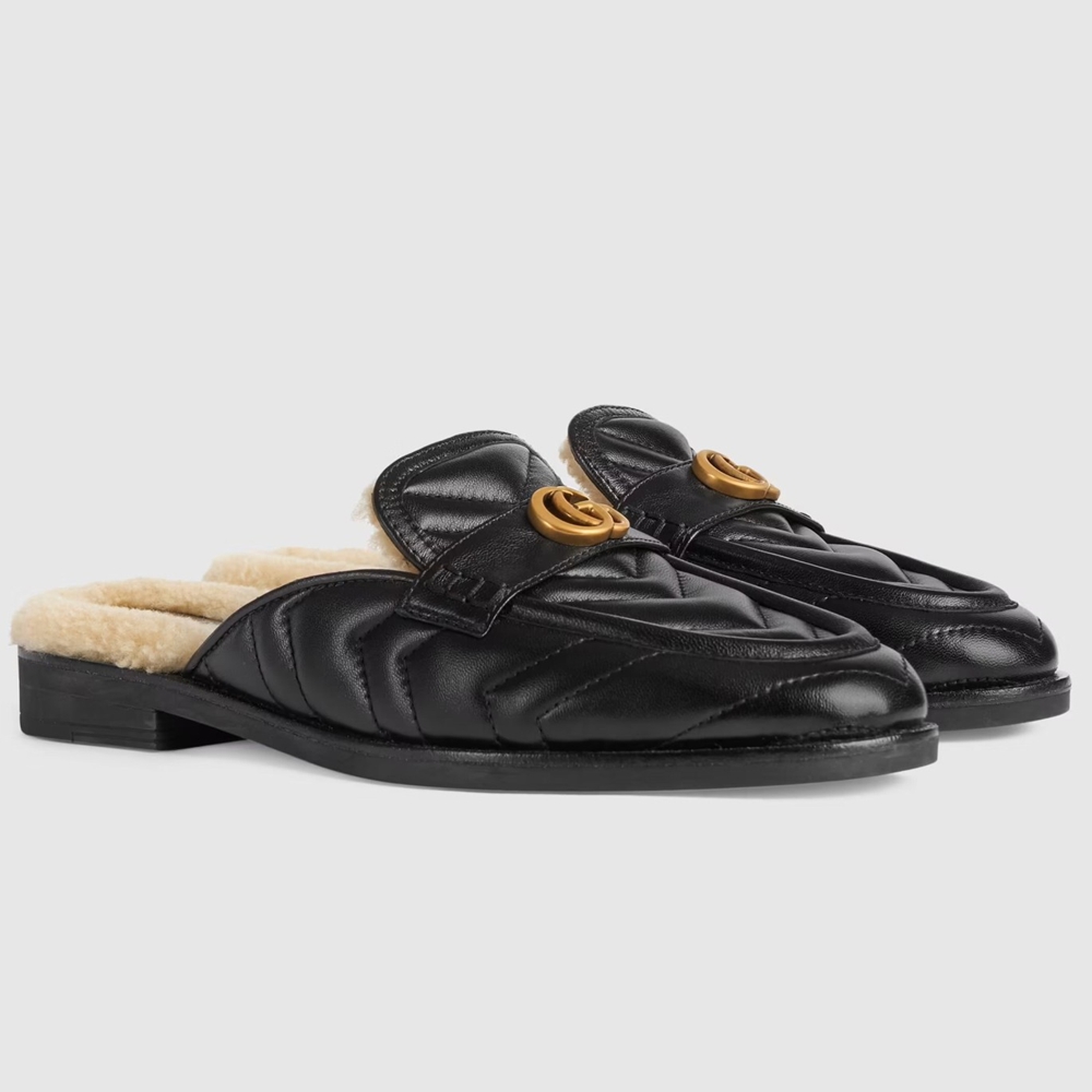 Gucci Women GG Marmont Slippers with Shearling Lining