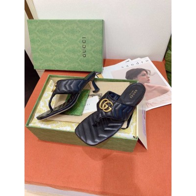 Gucci Women GG Marmont Thong Sandals 55mm in Black Leather