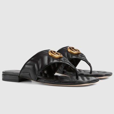 Gucci Women GG Marmont Thong Sandals in Black Leather