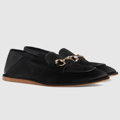 Gucci Women Horsebit Loafers in Black Satin with Crystals