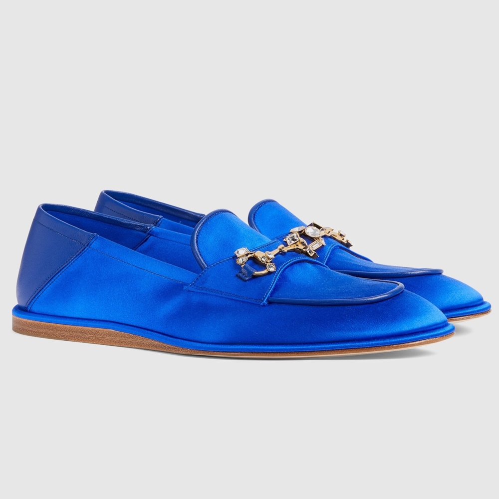 Gucci Women Horsebit Loafers in Blue Satin with Crystals