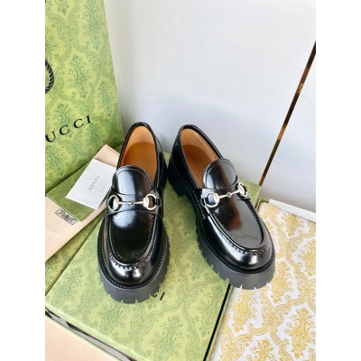 Gucci Women Horsebit Loafers in Noir Leather with Lug Sole