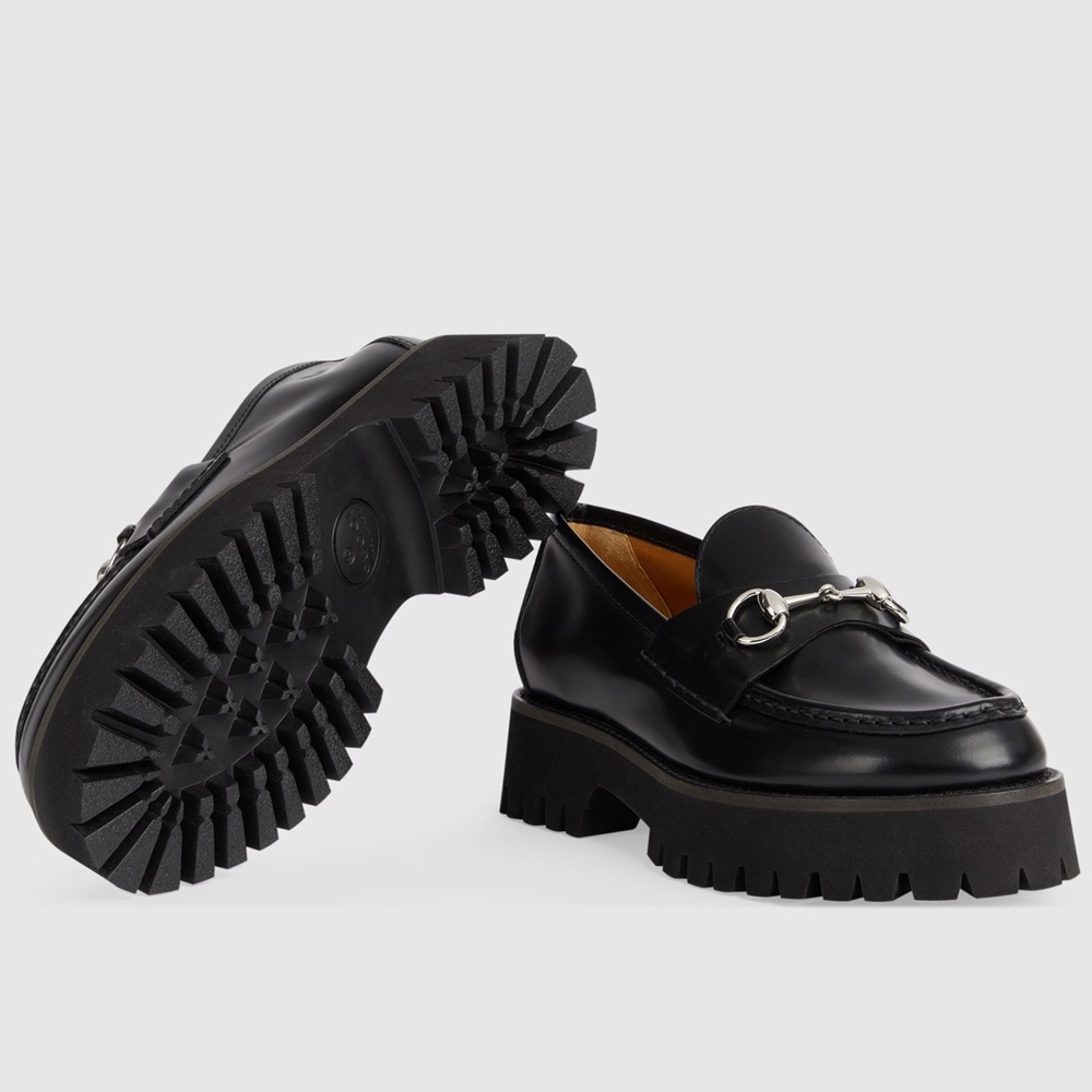 Gucci Women Horsebit Loafers in Noir Leather with Lug Sole